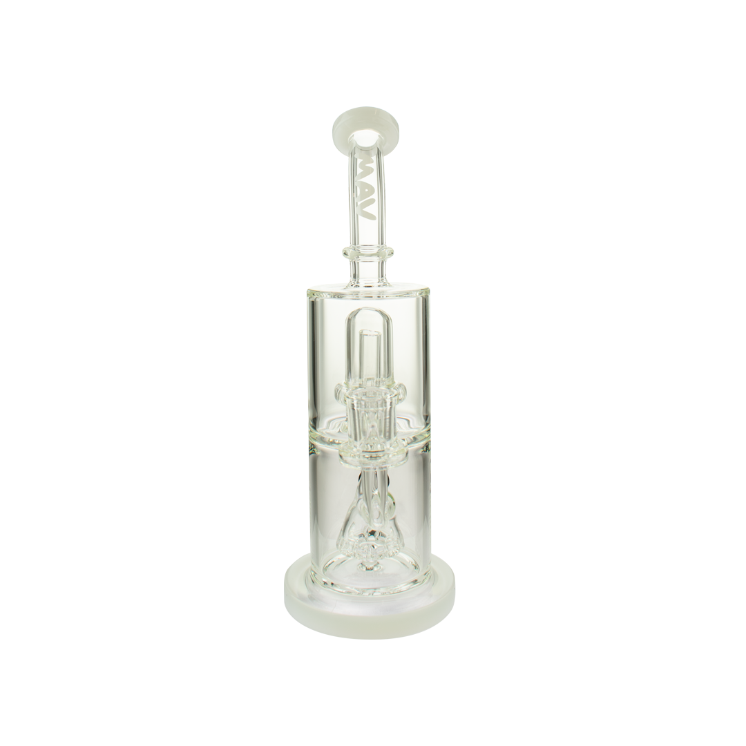 MAV Glass Slitted Pyramid To UFO Bent Neck Bong in White, Front View on Seamless Background