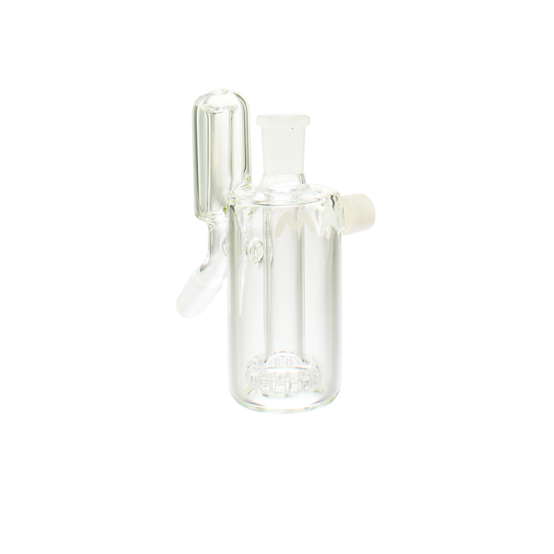 MAV Glass Splashproof Showerhead Ash Catcher 14mm/45° on white background, clear glass with percolator