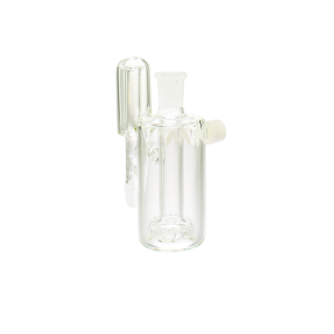 MAV Glass Splashproof Showerhead Ash Catcher with 90° joint angle, clear beaker design, front view