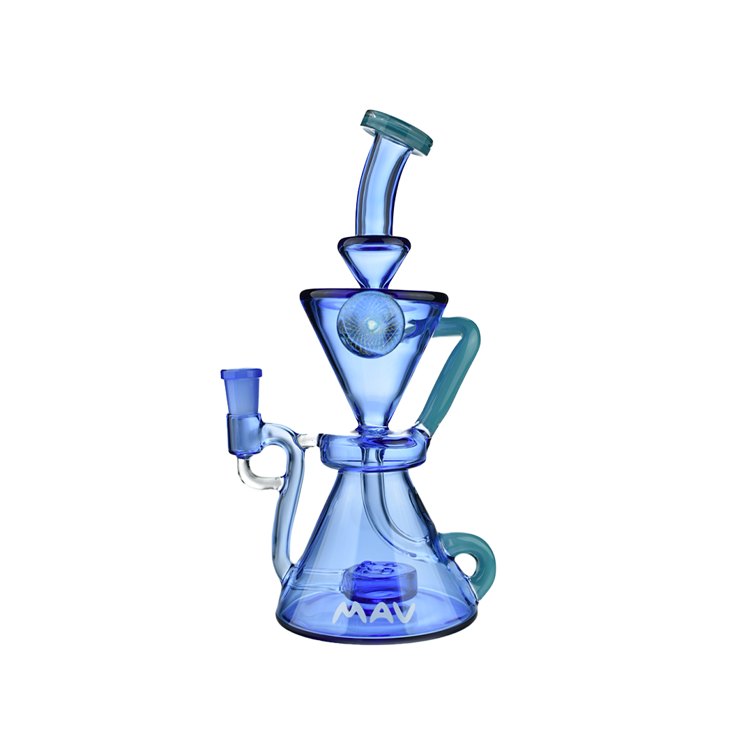 MAV Glass The Beverly SUBTL Collab Hourglass Recycler Dab Rig in Blue, Front View