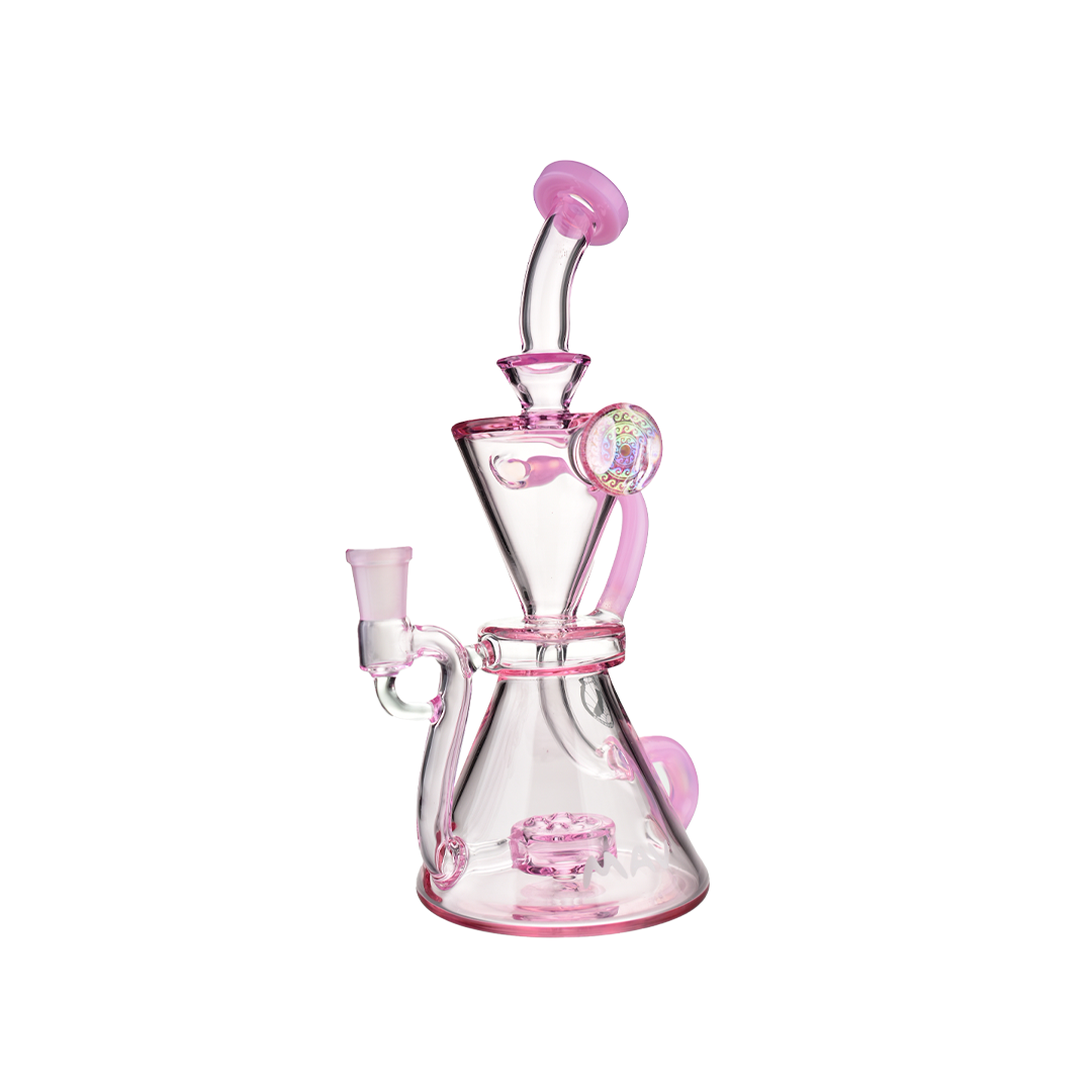 MAV Glass The Beverly Pink Hourglass Recycler, 9" with Vortex Percolator, Front View