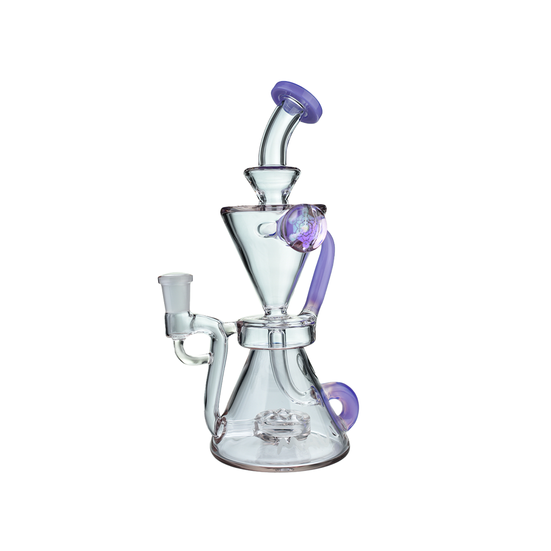 MAV Glass Beverly SUBTL Collab Hourglass Recycler in Purple, Front View, 9" Tall, 14mm Female Joint