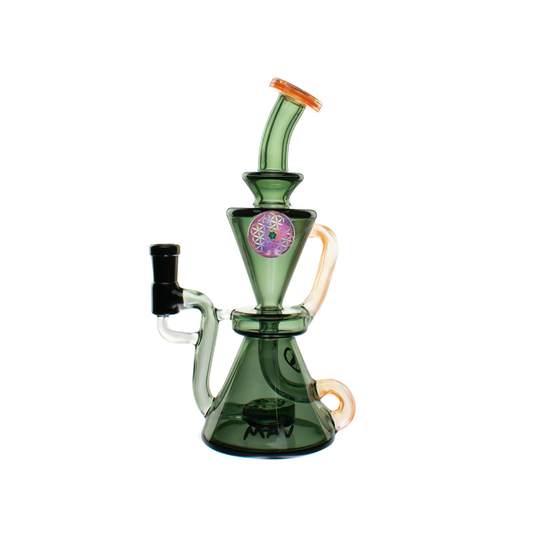 MAV Glass The Beverly Hourglass Recycler in Transparent Black Orange, Front View, 9" Tall