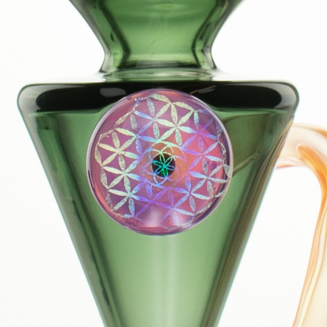 Close-up of MAV Glass The Beverly SUBTL Collab Hourglass Recycler in Transparent Black Orange