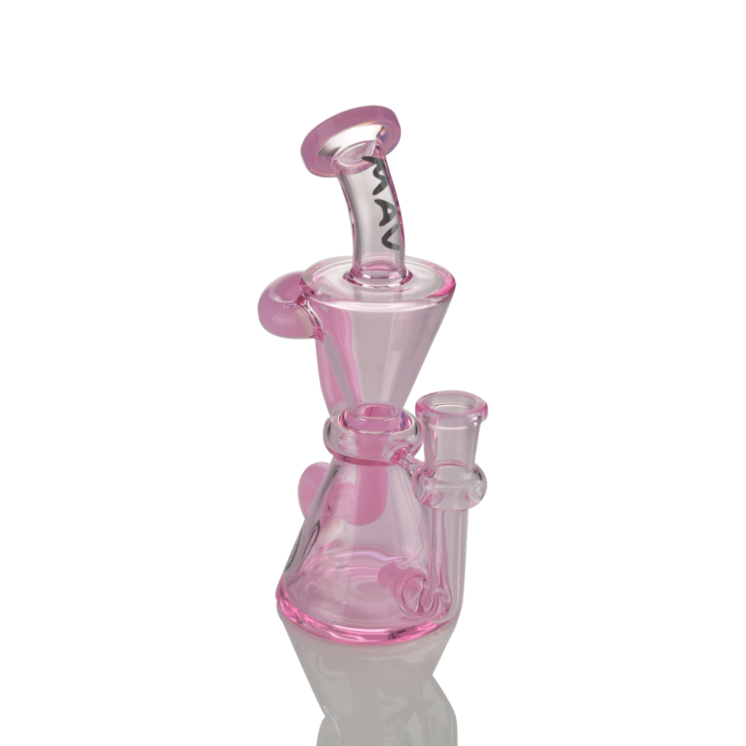 MAV Glass The Elsinore Recycler Dab Rig in Pink with Hole Diffuser and Vortex Percolator, 7.5" tall, 14mm Female Joint, Side View