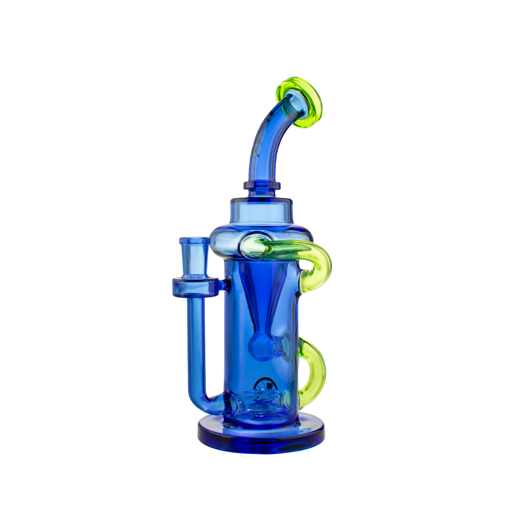 MAV Glass The Pch Recycler Dab Rig in Blue and Ooze, 10" with Vortex Percolator, Front View