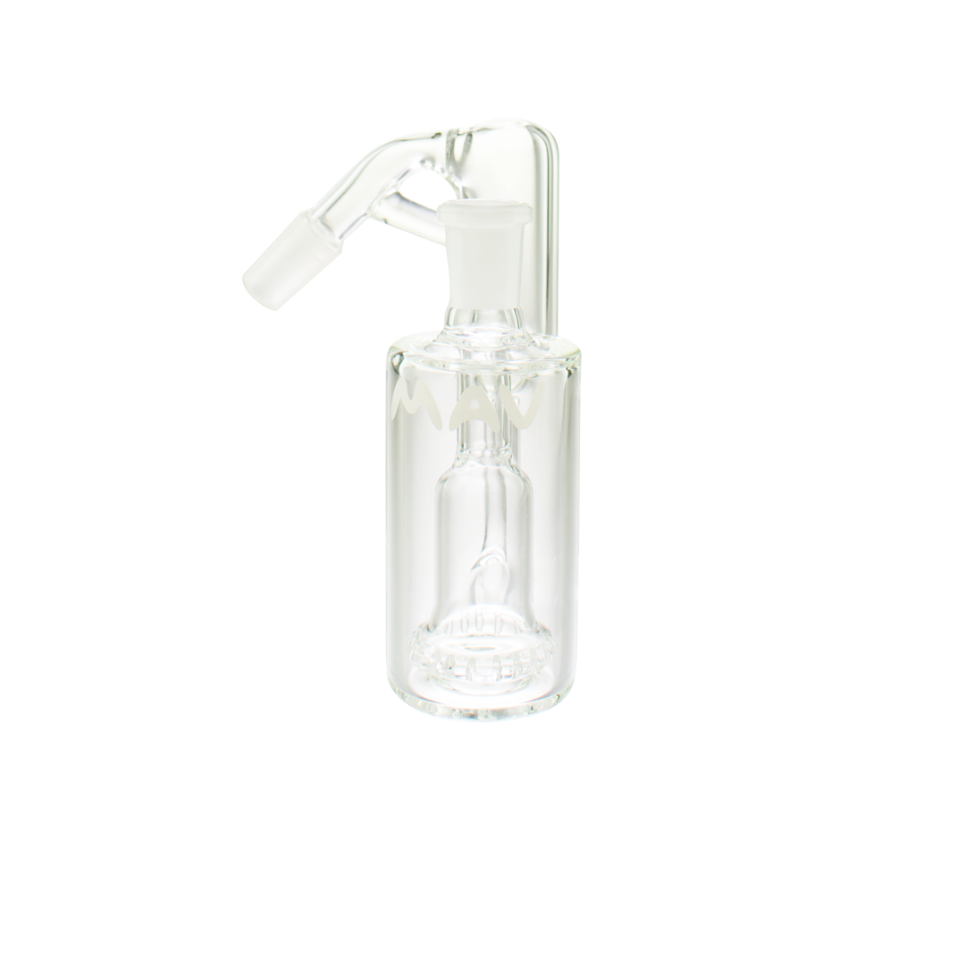 MAV Glass Ufo Recycler Ash Catcher 14mm/45°, clear glass with percolator, front view on white background
