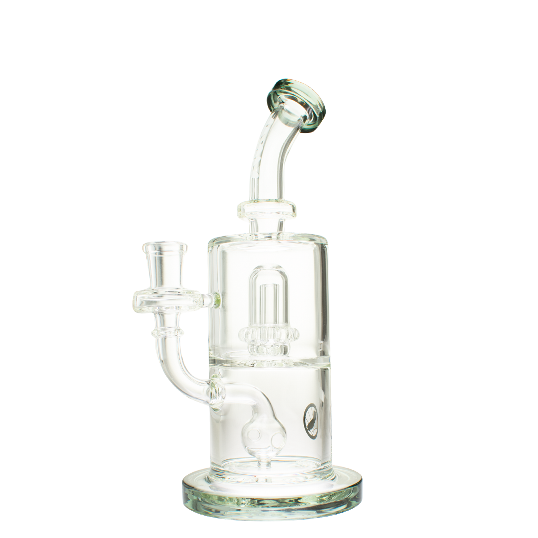 MAV Glass Whiffle Ball to UFO Mini Bent Neck Bong in Smokey Black, 9" Borosilicate Glass, Front View