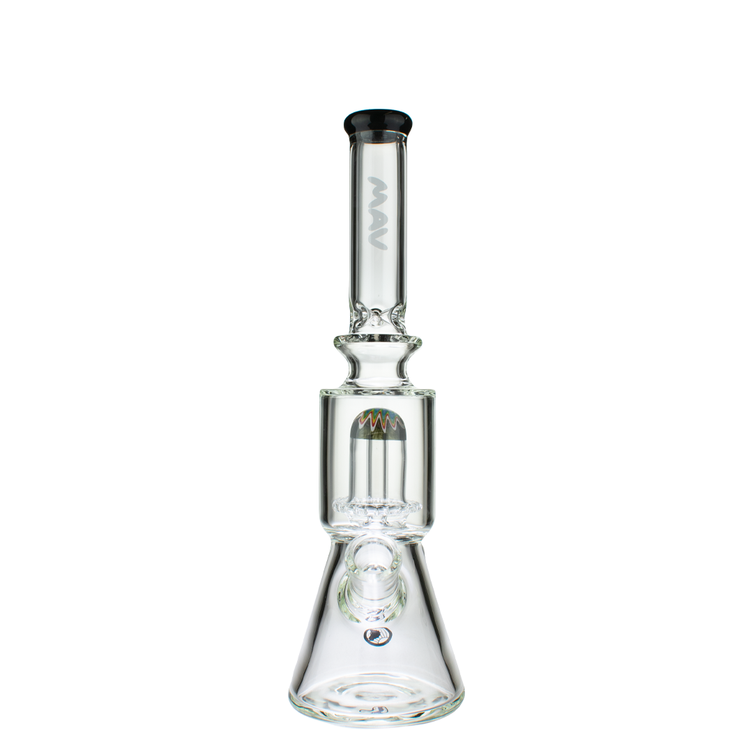 MAV Glass Wig Wag Reversal UFO Beaker Bong in Black, 13" Tall with Showerhead Percolator, Front View