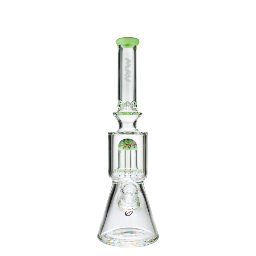 MAV Glass Wig Wag Reversal UFO Beaker in Slime, 13" with Showerhead Percolator, Front View