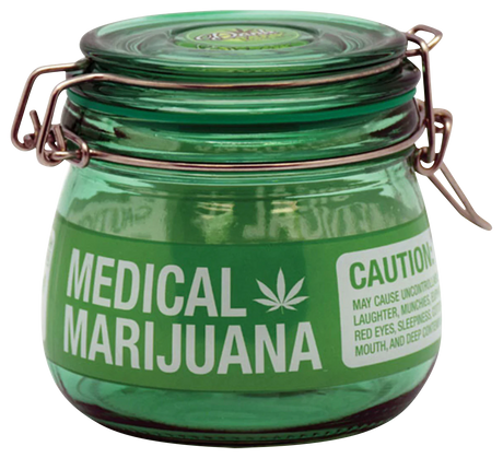 Green Borosilicate Glass Jar for Medical Marijuana, Resealable with Clamp Lid, Front View