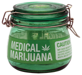 Green Borosilicate Glass Jar for Medical Marijuana, Resealable with Clamp Lid, Front View