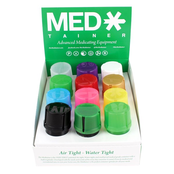 Assorted MedTainer Grinders Displayed in Box, Airtight Watertight Smell-Proof, Top View