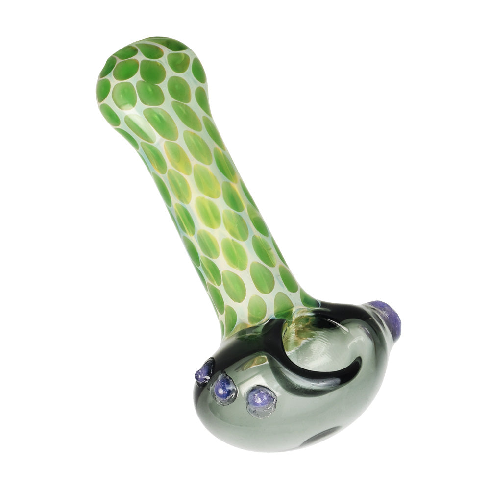 Mellow Turtle 4" Spoon Pipe in clear borosilicate glass with green shell design - side angle