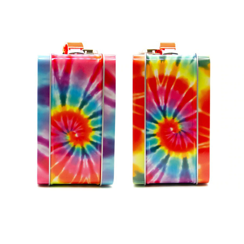 Colorful tie-dye metal lunch boxes, front and side view, with secure latch for on-the-go meals