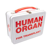 Novelty Metal Lunch Box with "HUMAN ORGAN FOR TRANSPLANT" text, front view on white background