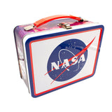Vintage-style Metal Lunch Box with NASA Logo, Front View on Seamless White Background