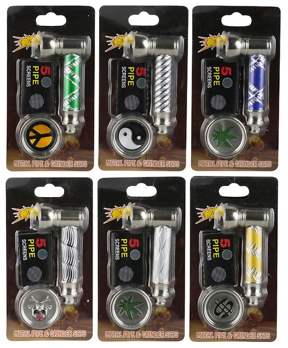 Assorted Metal Pipe and Grinder Blister Packs in Various Designs - Front View