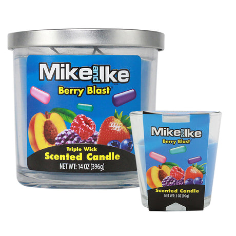 Mike and Ike Berry Blast scented candle, 3 oz and 14 oz sizes with triple wick, blue soy wax blend
