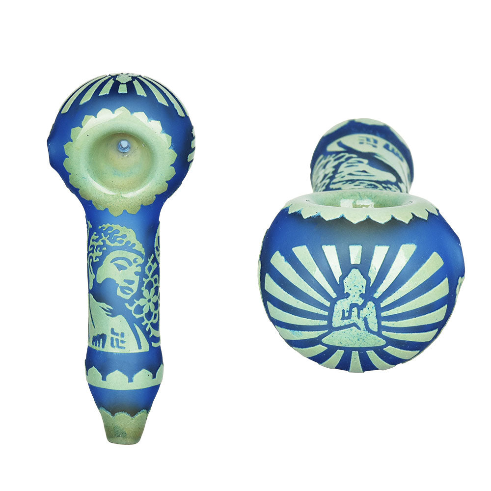 Milkyway Glass Buddha Hand Pipe in Blue, Borosilicate Glass, Front and Top View