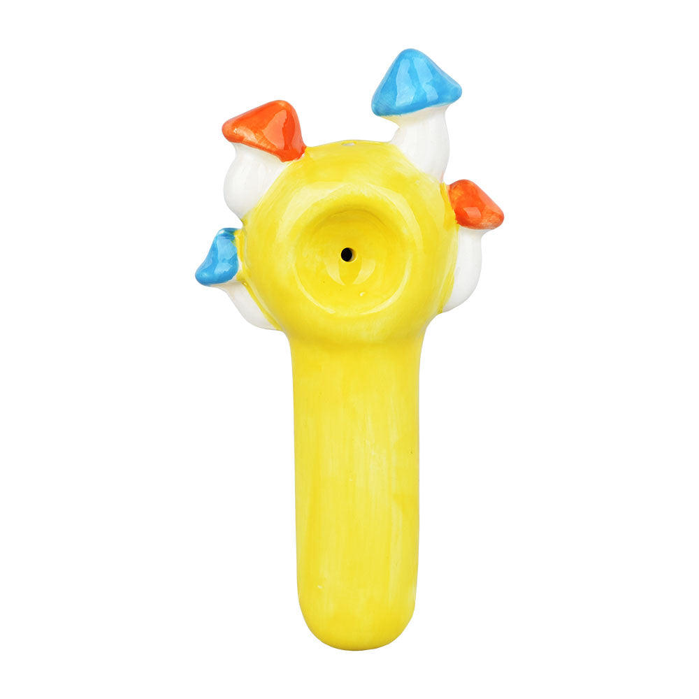 Mind Blown Shroomin' Smiley Face Ceramic Spoon Pipe, Front View, 5.75" with Colorful Accents