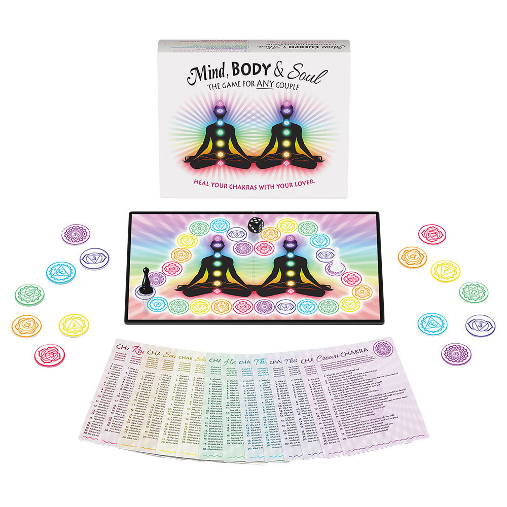Mind, Body & Soul Board Game for couples with colorful chakra pieces, front view on white background