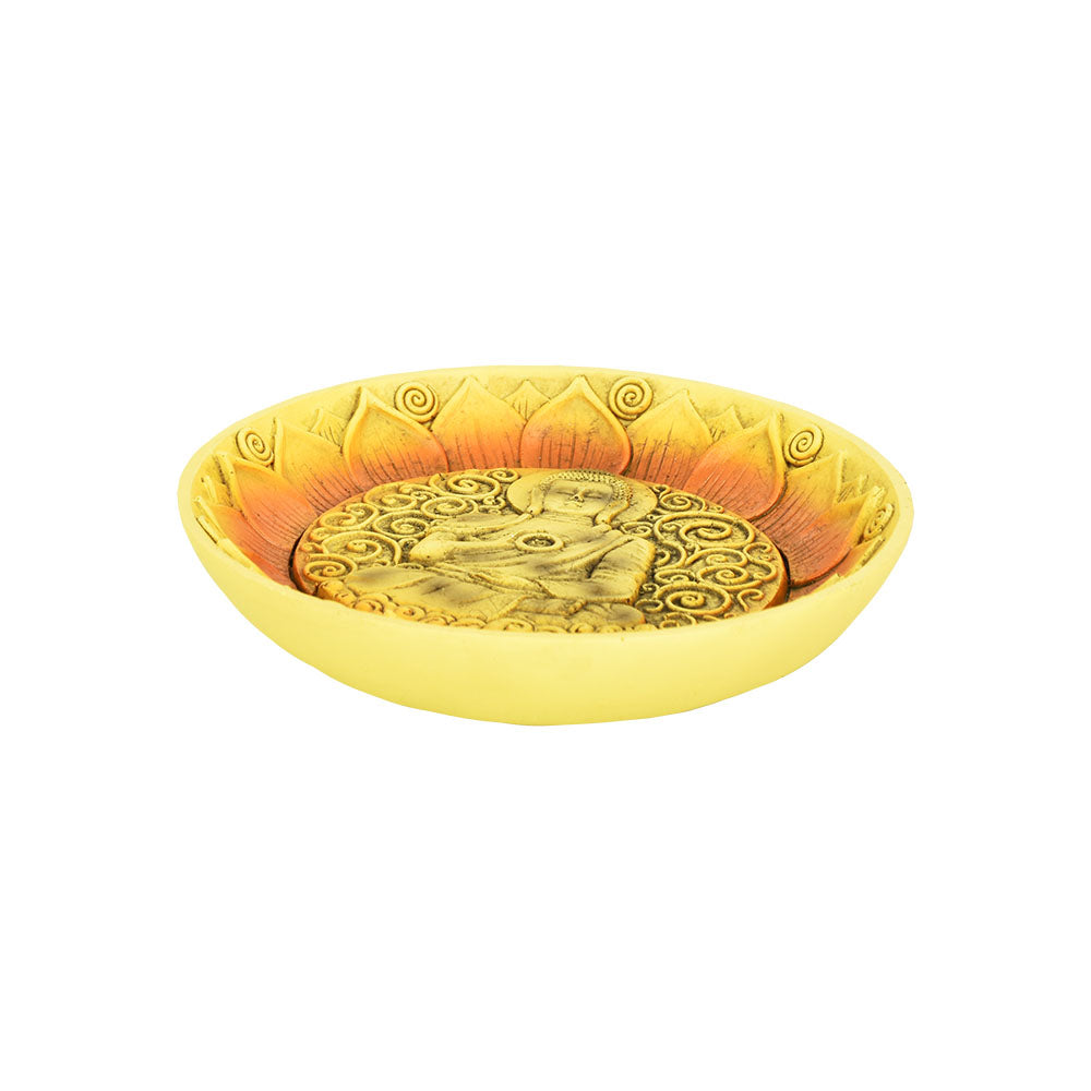 Mindful Buddha Round Incense Burner in Polyresin, 4.75" Diameter - Front View