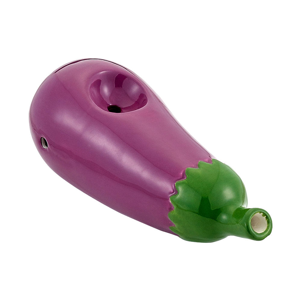Mini Eggplant Ceramic Pipe - Angled Side View on Seamless White Background