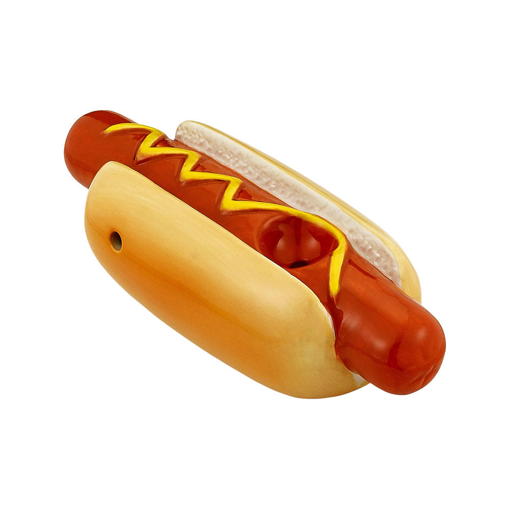 Ceramic Mini Hot Dog Pipe, Novelty Handheld Smoking Accessory, Angled Side View