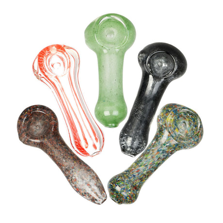 Assorted borosilicate glass spoon pipes, 2.75" size, for dry herbs - top view of 40 pack mystery box