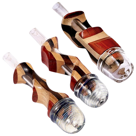 Mixed Wood 'n' Glass Hybrid Pipes for Dry Herbs, 3.75" Length, Angled View