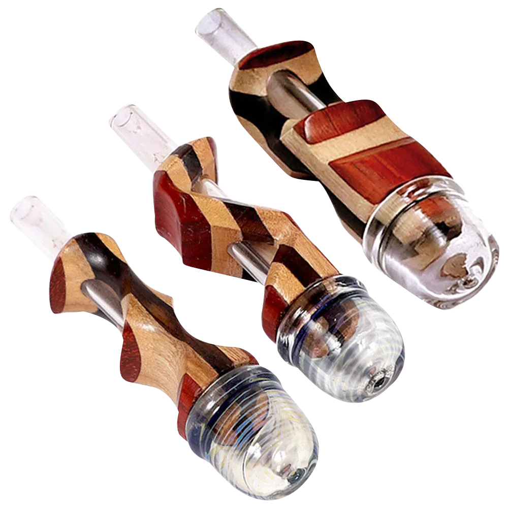Mixed Wood 'n' Glass Hybrid Pipes for Dry Herbs, 3.75" Length, Angled View
