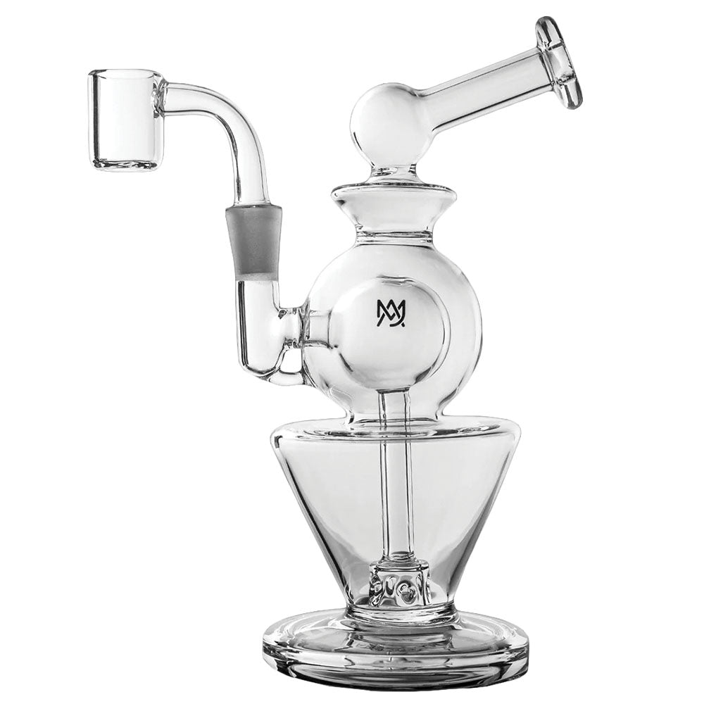 MJ Arsenal Gemini Mini Rig, 6.5" tall, 10mm female joint, clear borosilicate glass, front view
