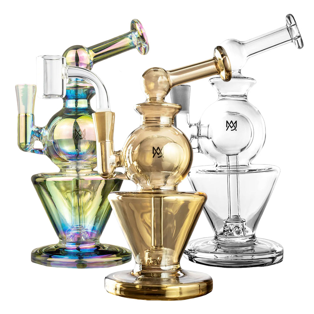 MJ Arsenal Gemini Mini Rig trio in various colors, clear borosilicate glass, front view