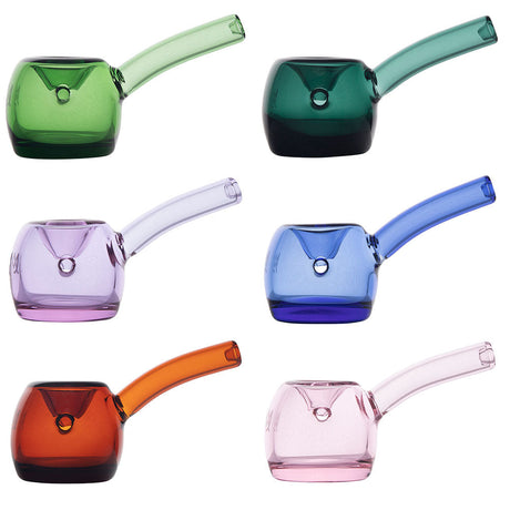 Assortment of MJ Arsenal Perch Hand Pipes in various colors, compact 3.75" borosilicate glass, angled view