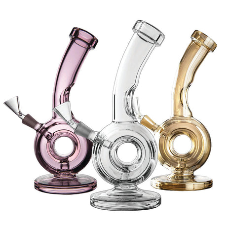MJ Arsenal Saturn Mini Water Pipes in pink, clear, and amber borosilicate glass, 10mm joint size, front view