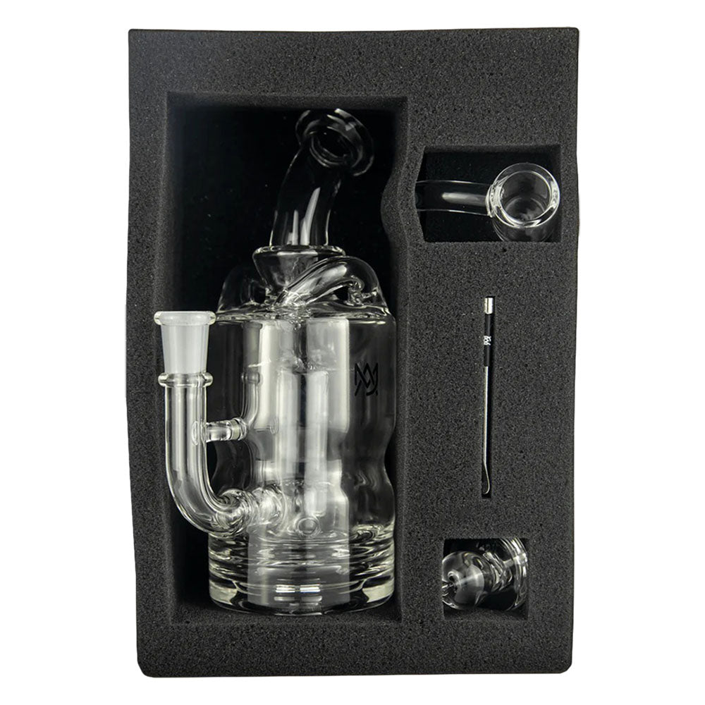 MJ Arsenal Turbine Mini Rig with accessories in foam insert, clear borosilicate glass, 6-inch, 10mm female joint