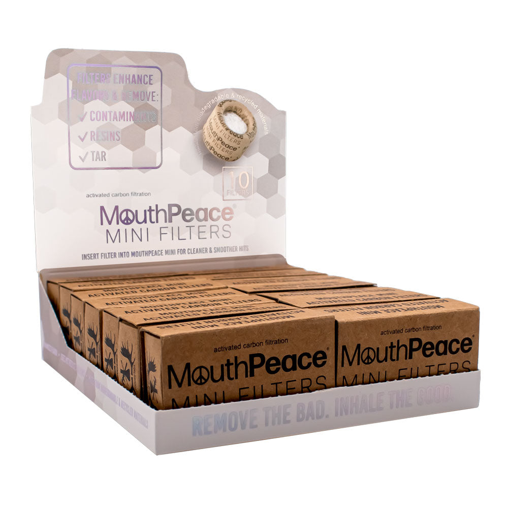 MouthPeace Mini Carbon Filters 14-Pack, front view on white background, easy-to-use vape accessory