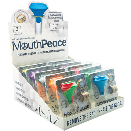 MouthPeace Silicone Mouthpieces 10-Pack in assorted colors, displayed in packaging with a portable design