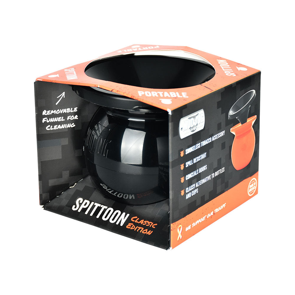 Mud Jug Classic Black Portable Spittoon 6oz, front view with packaging, easy to carry design