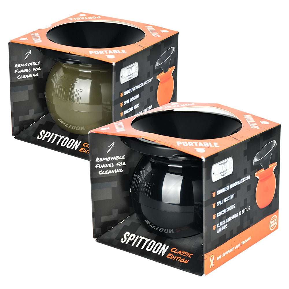 Mud Jug Classic Spittoon in Black and Camo, 6oz Portable Design, Front View with Packaging