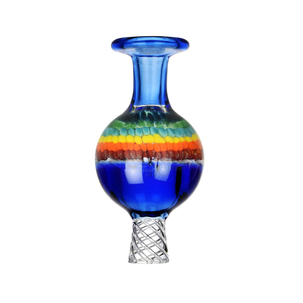 Borosilicate glass multi-directional ball carb cap with rainbow design on white background