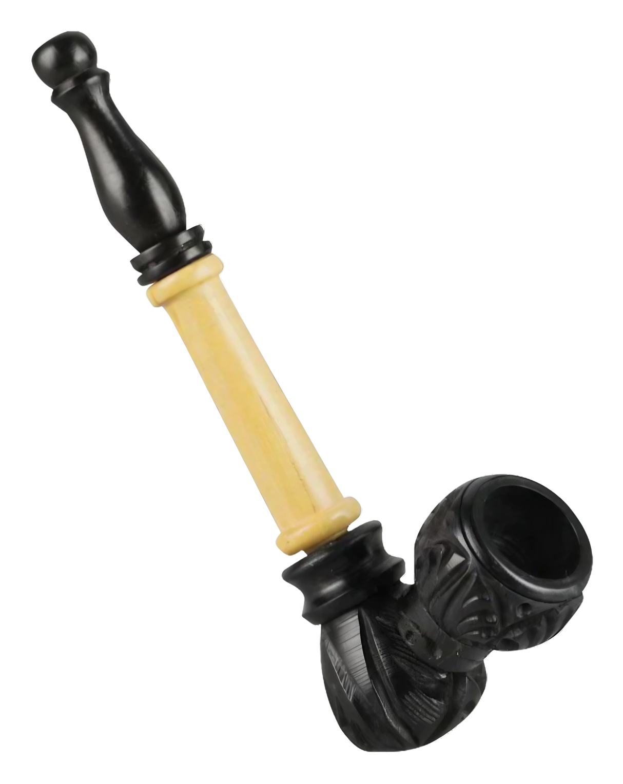 Multi Wood Carved Sherlock Pipe, 5.5" Length, Angled Side View, For Dry Herbs