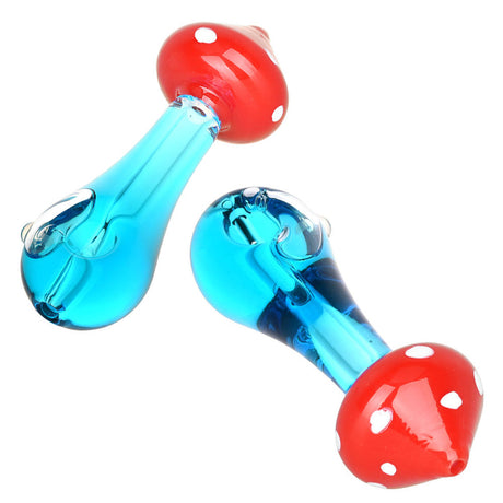 Mushroom Mojo Glycerin Hand Pipe in Blue and Red, 4.25" Size, Angled View on White Background