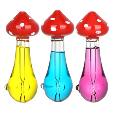 Mushroom Mojo Glycerin Hand Pipes in assorted colors, front view on white background