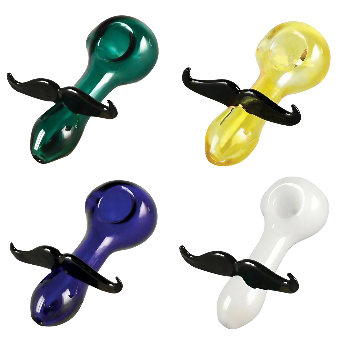 Assorted Mustache Glass Spoon Pipes in green, yellow, blue, and white for dry herbs, 4.25" size