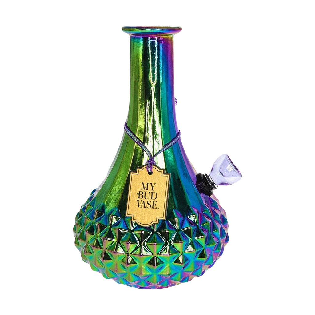 My Bud Vase "Aurora" Bong with rainbow iridescent finish for dry herbs, front view