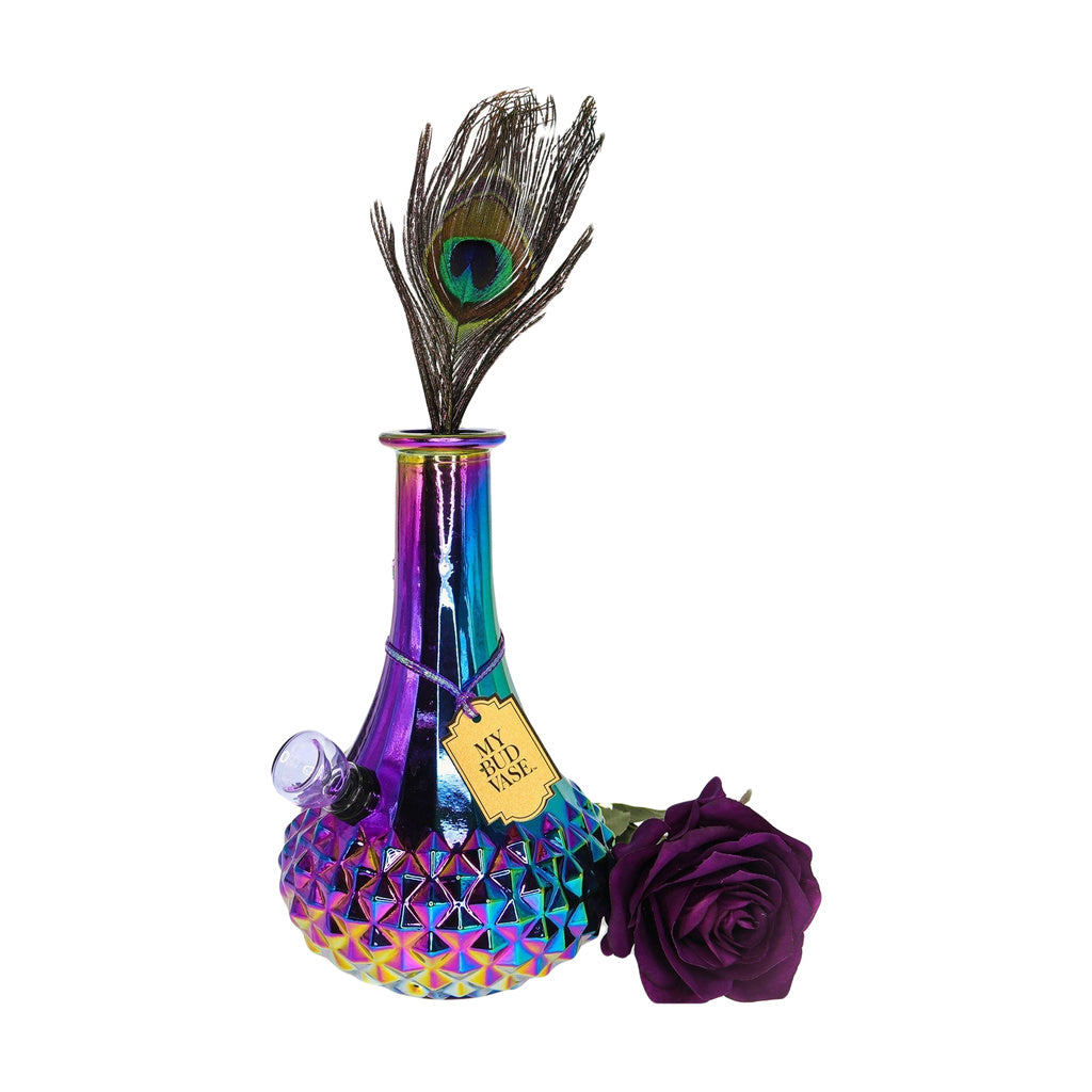 My Bud Vase "Aurora" Bong with peacock feather and purple rose, iridescent rainbow design, front view