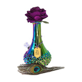 My Bud Vase "Aurora" Bong with iridescent rainbow design and purple rose, front view on white background