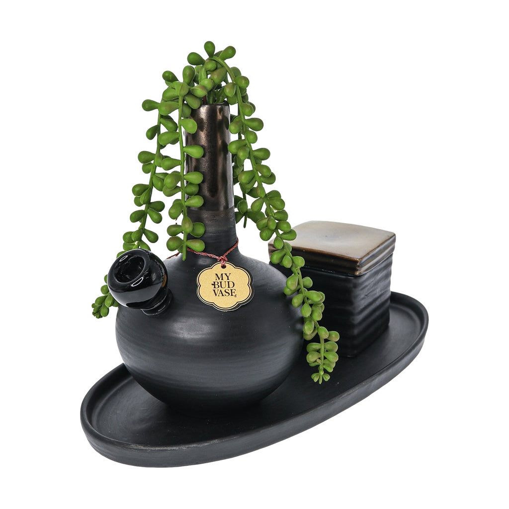 My Bud Vase "DeAngelo" black pipe with stash storage, front view on white background